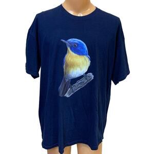 Upcycled Hand Printed Womens 2X Yellow Bluebird Ukraine Artist Fundraiser Tee